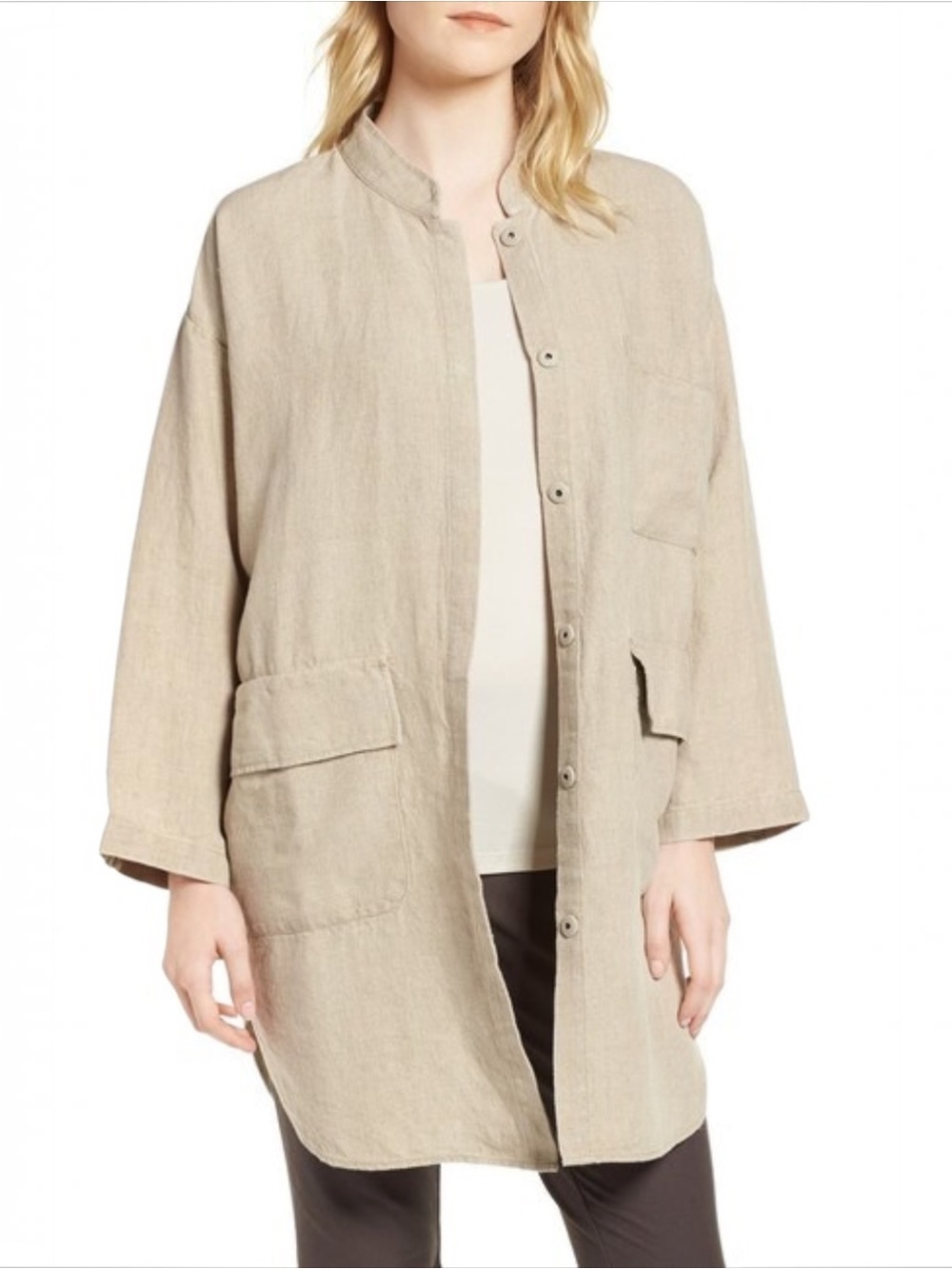 Eileen Fisher Organic Linen Chore Coat Longline Jacket Shacket XS Beige Khaki
